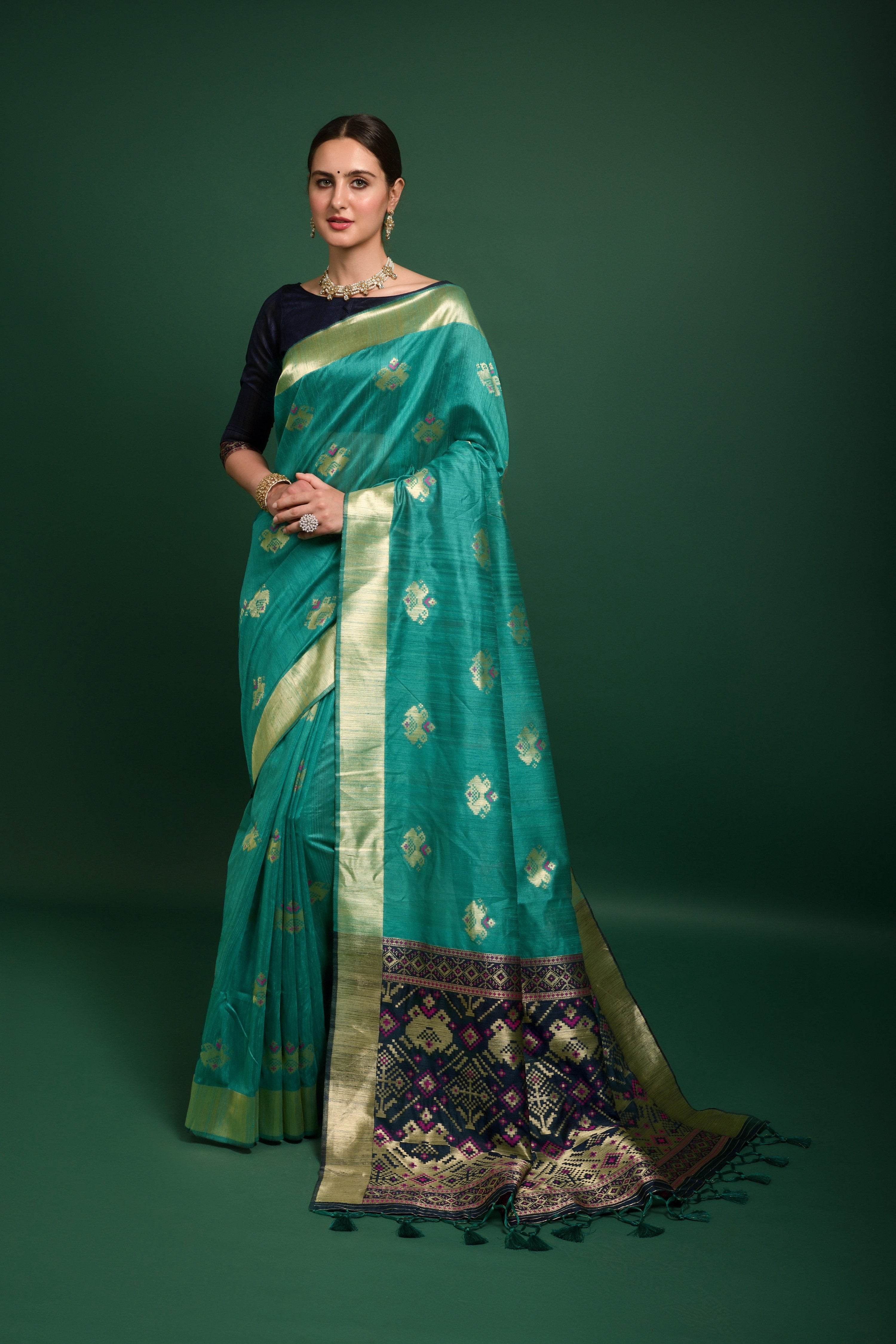 Vishnu Weaves Women's Rama Tussar Silk Zari Woven Saree with Blouse - Distacart