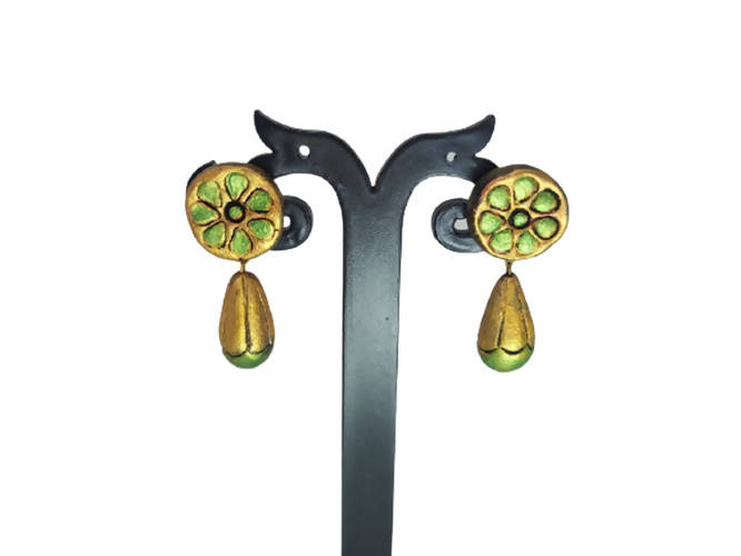 Terracotta Round Earstuds With Drops-Copper And Green