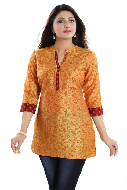 Snehal Creations Luxurious Fine Fire Gold Cotton Silk Short Tunic - Distacart