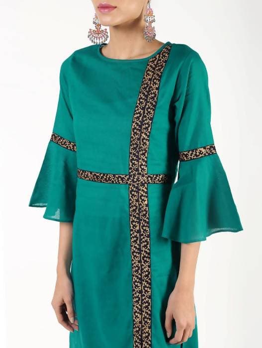Aniyah Cotton Bell Sleeve Solid Straight Kurta In Turquoise Color (AN-147K)