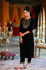 Thumbnail for Juniper Women Black Velvet Embroidered Straight Kurta Sets - Distacart