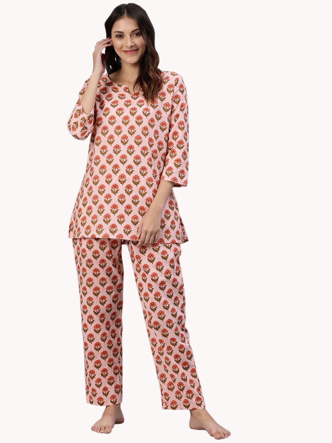 Wahe-NOOR Women's Pink Cotton Loungewear /Nightwear Set - Distacart