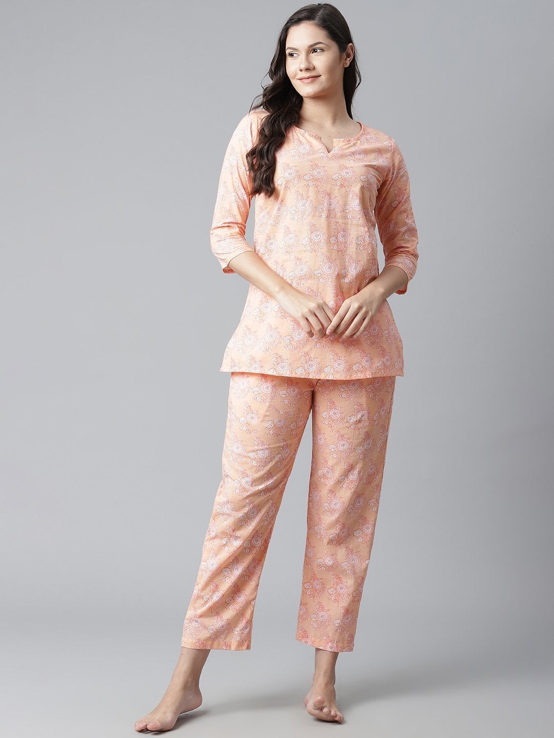 Wahe-NOOR Women's Peach Printed Cotton Nightwear - Distacart