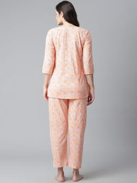 Thumbnail for Wahe-NOOR Women's Peach Printed Cotton Nightwear - Distacart