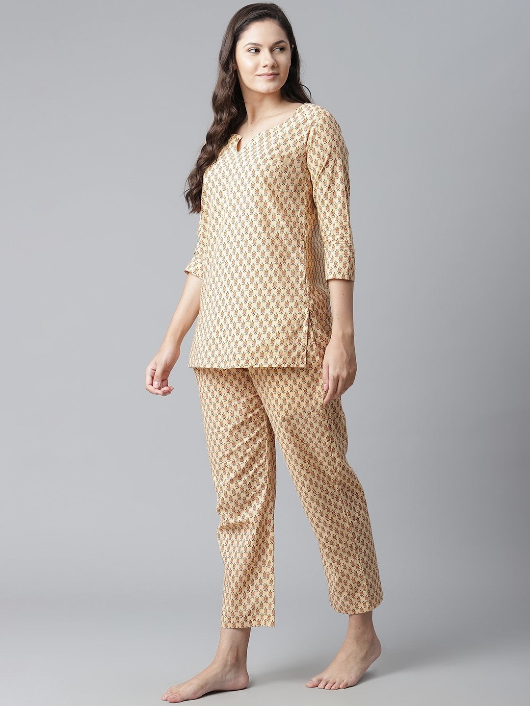 Wahe-NOOR Women's Yellow Buti Print Cotton Nightwear - Distacart
