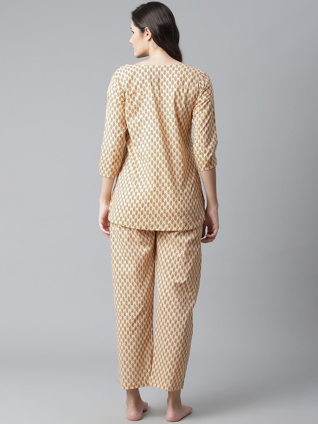 Wahe-NOOR Women's Yellow Buti Print Cotton Nightwear - Distacart