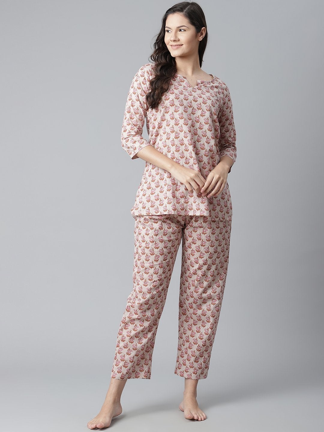 Wahe-NOOR Women's Floral Pink Motif Cotton Nightsuit - Distacart