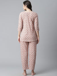 Thumbnail for Wahe-NOOR Women's Floral Pink Motif Cotton Nightsuit - Distacart
