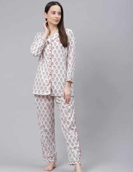 Wahe-NOOR Women's White Printed Cotton Night Suit - Distacart