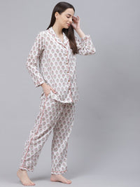 Thumbnail for Wahe-NOOR Women's White Printed Cotton Night Suit - Distacart