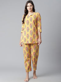 Thumbnail for Wahe-NOOR Women's Yellow Flower Cotton Motif Nightwear - Distacart