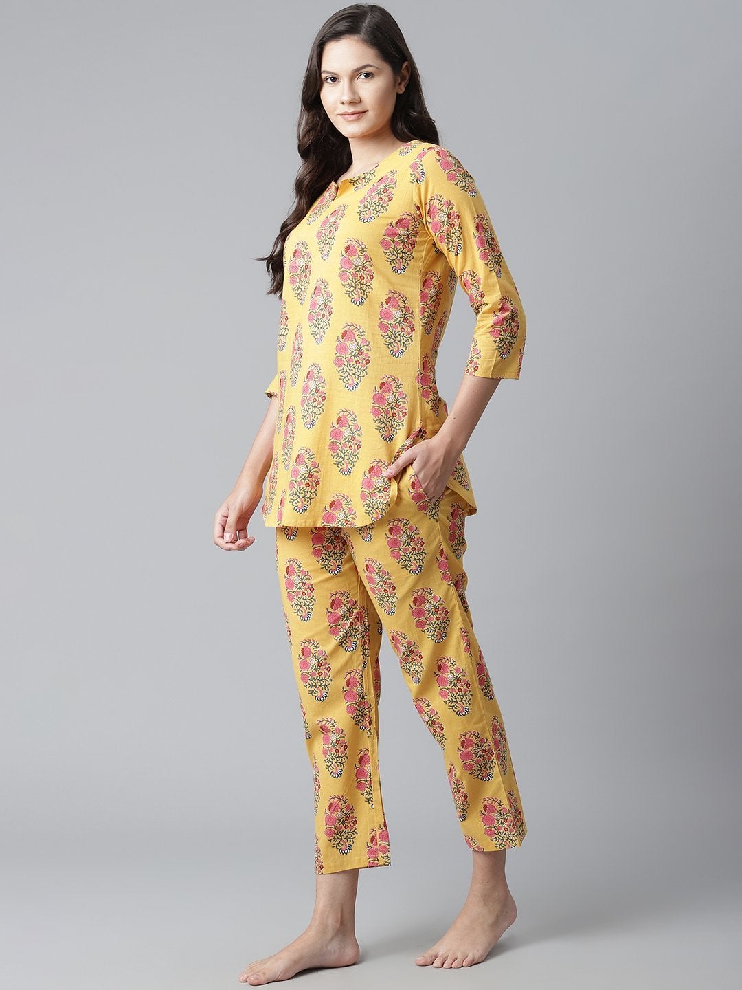 Wahe-NOOR Women's Yellow Flower Cotton Motif Nightwear - Distacart