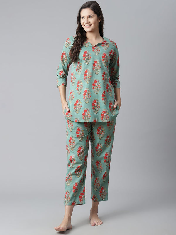 NOZ2TOZ Women's Green Floral Print Cotton Nightwear - Distacart
