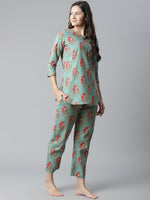 Thumbnail for NOZ2TOZ Women's Green Floral Print Cotton Nightwear - Distacart