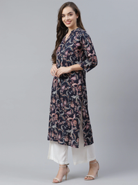 Thumbnail for Wahe-NOOR Women's Blue Printed Rayon Straight Kurti - Distacart