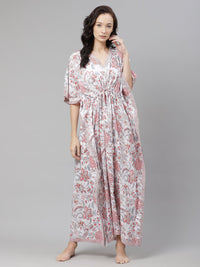 Thumbnail for NOZ2TOZ Women's White And Pink Floral Print Kaftan - Distacart