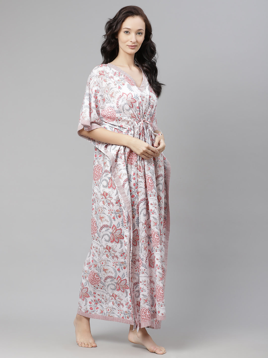 NOZ2TOZ Women's White And Pink Floral Print Kaftan - Distacart