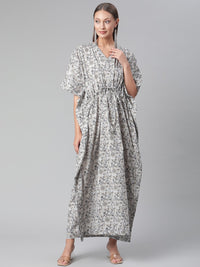 Thumbnail for Wahe-NOOR Women's Grey Floral Cotton Kaftan - Distacart