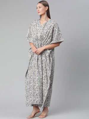 Wahe-NOOR Women's Grey Floral Cotton Kaftan - Distacart