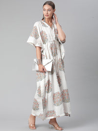 Thumbnail for Wahe-NOOR Women's White Floral Cotton Kaftan - Distacart