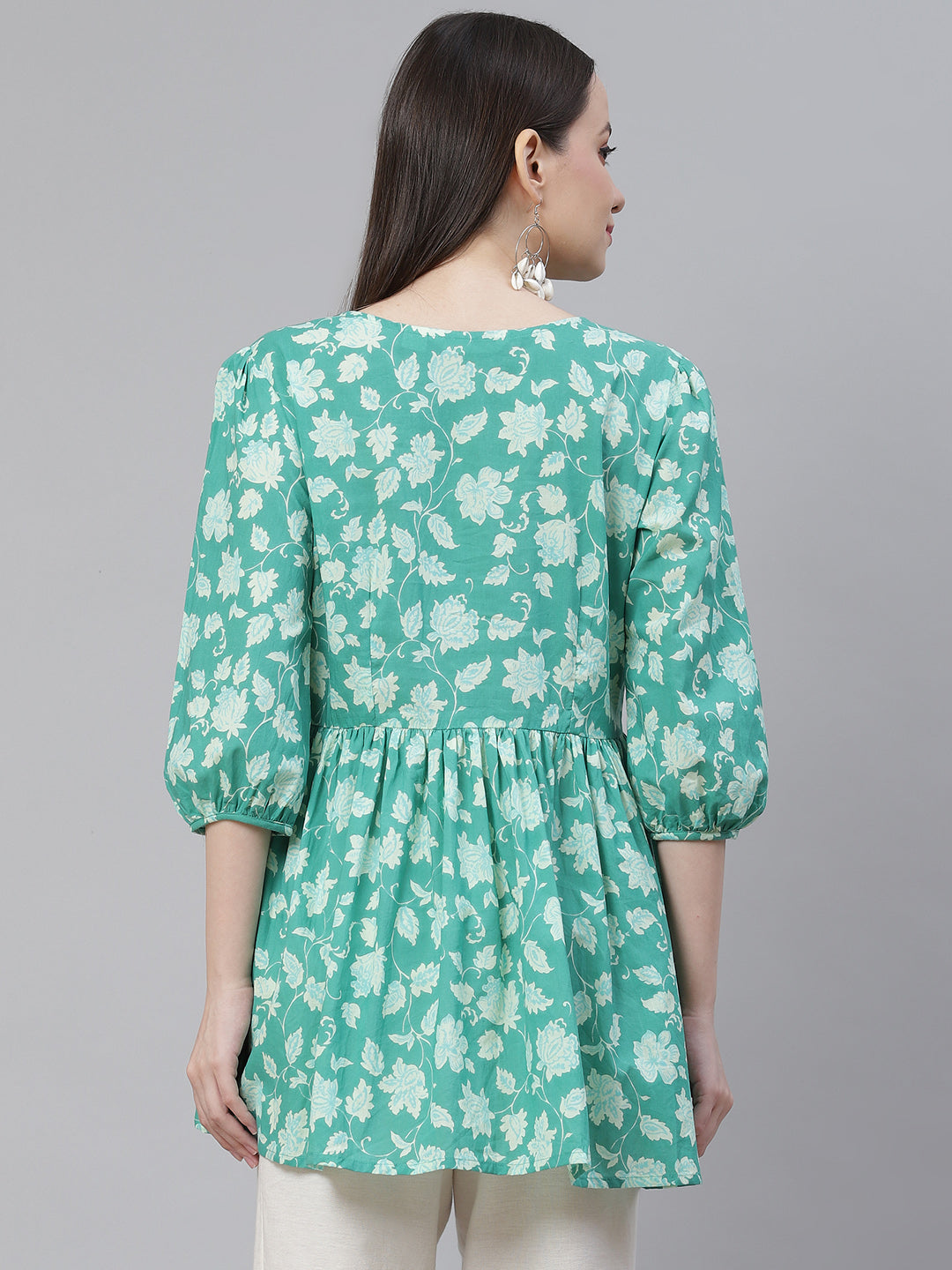 Wahe-NOOR Women's Sea Green Floral Printed Peplum Cotton Top - Distacart
