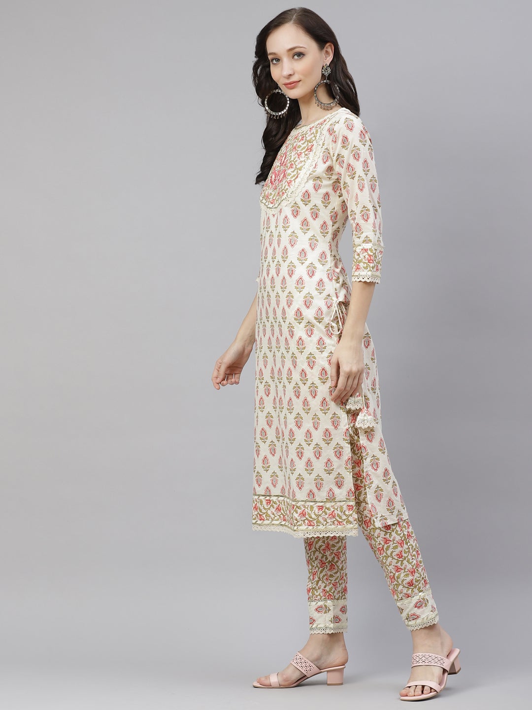 Wahe-NOOR Women's Off White Cotton Straight Kurta Pant Set With Dupatta - Distacart