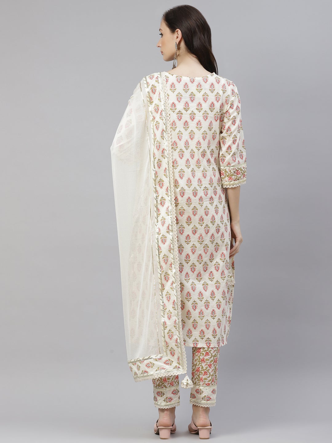 Wahe-NOOR Women's Off White Cotton Straight Kurta Pant Set With Dupatta - Distacart
