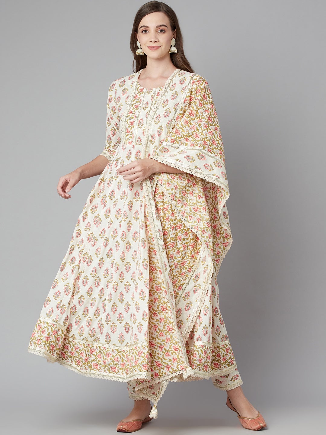Wahe-NOOR Women's Cream Floral Anarkali Cotton Kurta Palazzo Set With Dupatta - Distacart