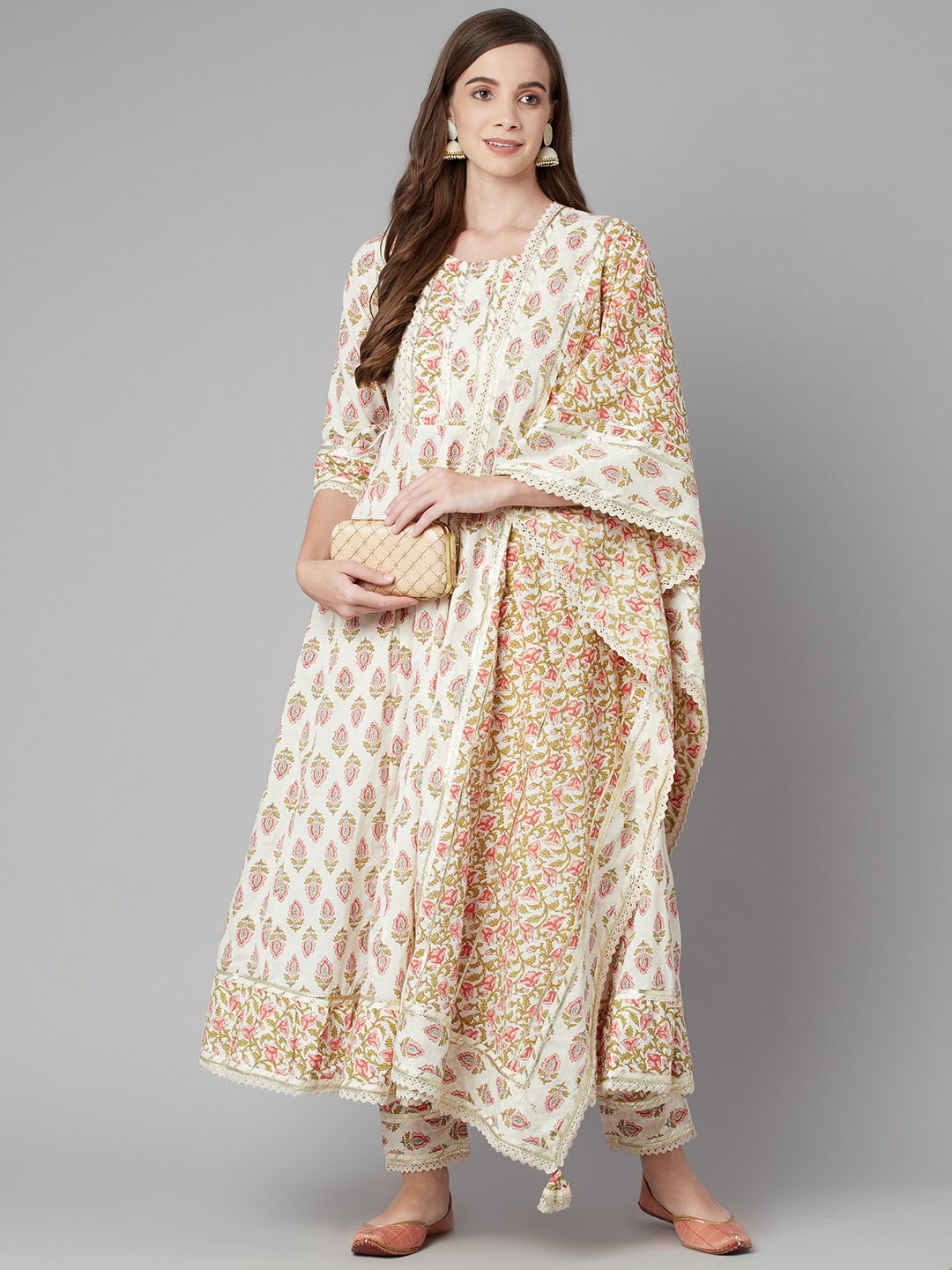Wahe-NOOR Women's Cream Floral Anarkali Cotton Kurta Palazzo Set With Dupatta - Distacart