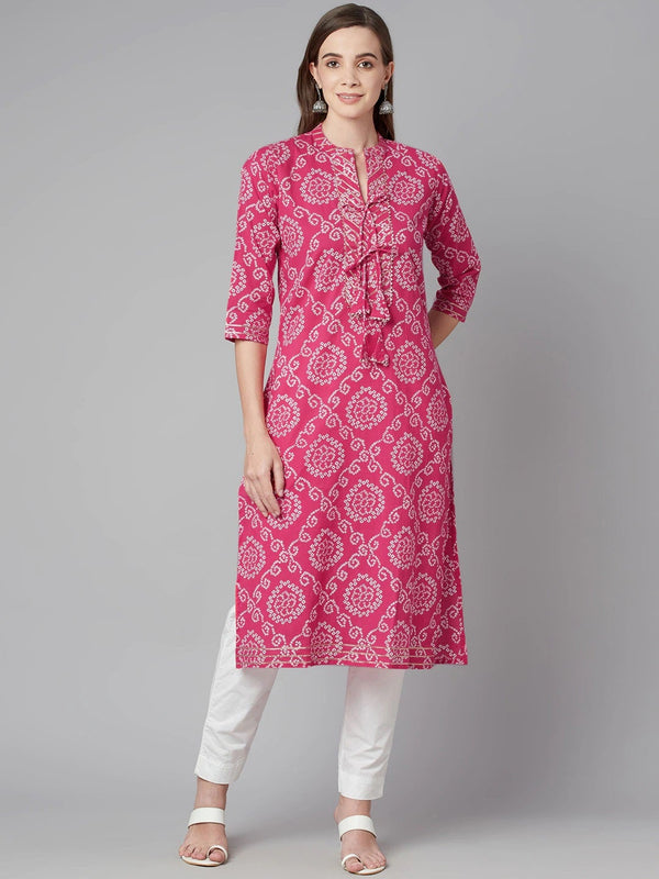 NOZ2TOZ Women's Pink Bandhej Straight Kurta - Distacart