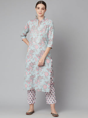 Wahe-NOOR Women's Grey Pastel Floral Printed Cotton Kurta Pant Set - Distacart