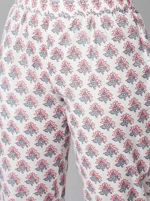 Wahe-NOOR Women's Grey Pastel Floral Printed Cotton Kurta Pant Set - Distacart