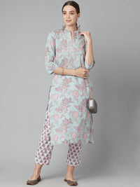 Thumbnail for Wahe-NOOR Women's Grey Pastel Floral Printed Cotton Kurta Pant Set - Distacart