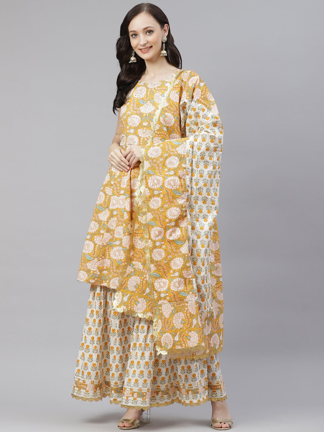 Wahe-NOOR Women's Yellow Cotton Anarkali Kurta Sharara Set With Dupatta - Distacart