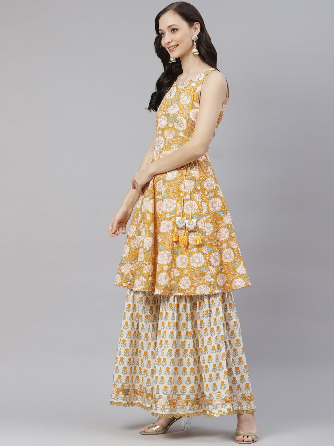 Wahe-NOOR Women's Yellow Cotton Anarkali Kurta Sharara Set With Dupatta - Distacart