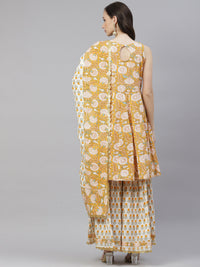 Thumbnail for Wahe-NOOR Women's Yellow Cotton Anarkali Kurta Sharara Set With Dupatta - Distacart