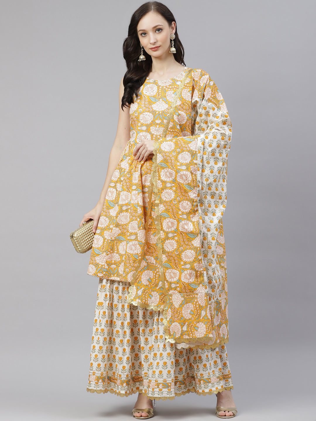 Wahe-NOOR Women's Yellow Cotton Anarkali Kurta Sharara Set With Dupatta - Distacart