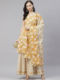 Thumbnail for Wahe-NOOR Women's Yellow Cotton Anarkali Kurta Sharara Set With Dupatta - Distacart