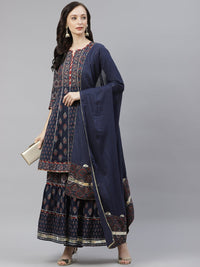 Thumbnail for Wahe-NOOR Women's Indigo Cotton Short Kurti Sharara Set With Dupatta - Distacart