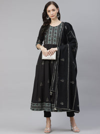 Thumbnail for Wahe-NOOR Women's Black Cotton Anarkali Kurta Pant Set With Dupatta - Distacart