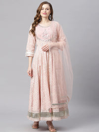 Thumbnail for Wahe-NOOR Women's Light Pink Cotton Anarkali Gown Pant Set With Net Dupatta - Distacart