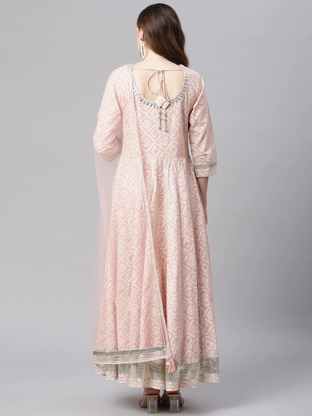Wahe-NOOR Women's Light Pink Cotton Anarkali Gown Pant Set With Net Dupatta - Distacart