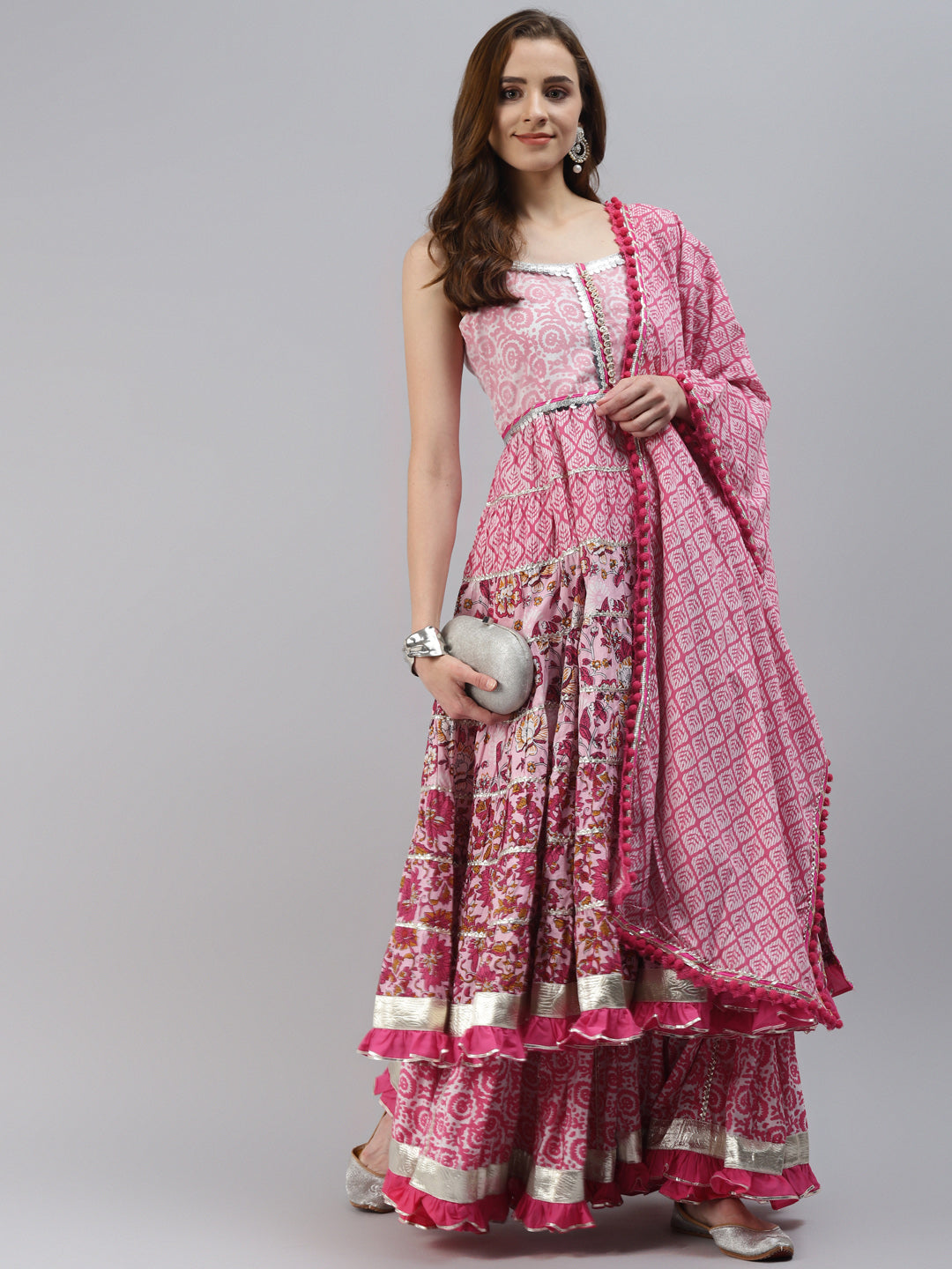 NOZ2TOZ Women's Pink Cotton Sleeves Less Anarkali Sharara Set With Dupatta - Distacart