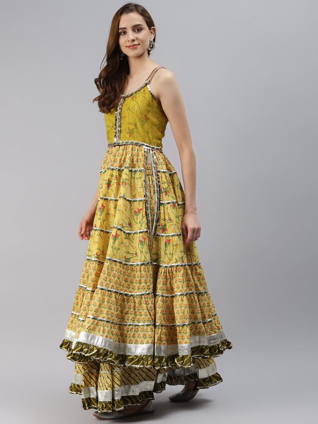 Wahe-NOOR Women's Yellow Cotton Sleeves Less Anarkali Skirt Set With Dupatta - Distacart