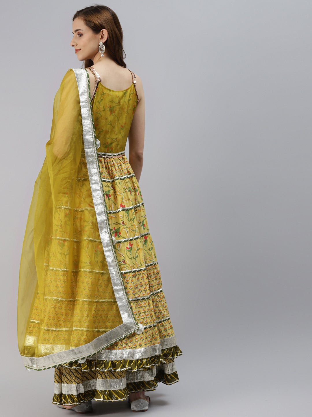 Wahe-NOOR Women's Yellow Cotton Sleeves Less Anarkali Skirt Set With Dupatta - Distacart