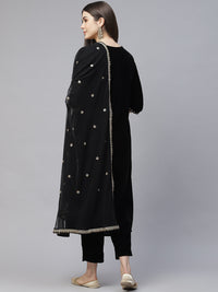 Thumbnail for Wahe-NOOR Women's Black Velvet Hand Work Kurta Pant With Net Dupatta Set - Distacart