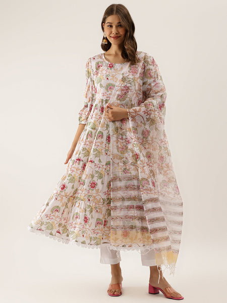 NOZ2TOZ Women's White Handblock Floral Printed Cotton Anarkali Kurta Set with Kota Doria Dupatta - Distacart