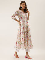 Thumbnail for NOZ2TOZ Women's White Handblock Floral Printed Cotton Anarkali Kurta Set with Kota Doria Dupatta - Distacart
