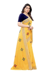 Thumbnail for Vamika Chanderi Cotton Embroidery Yellow Saree 