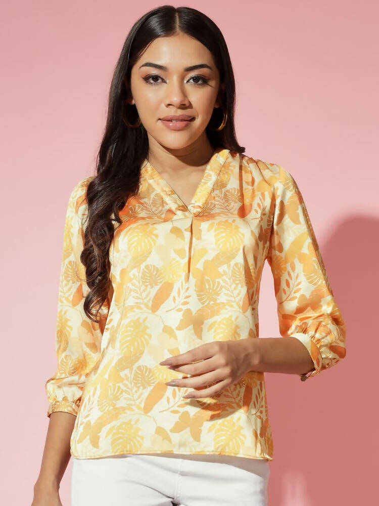 Myshka Women Mustard Floral V-Neck Regular Sleeves Polyester Top - Distacart